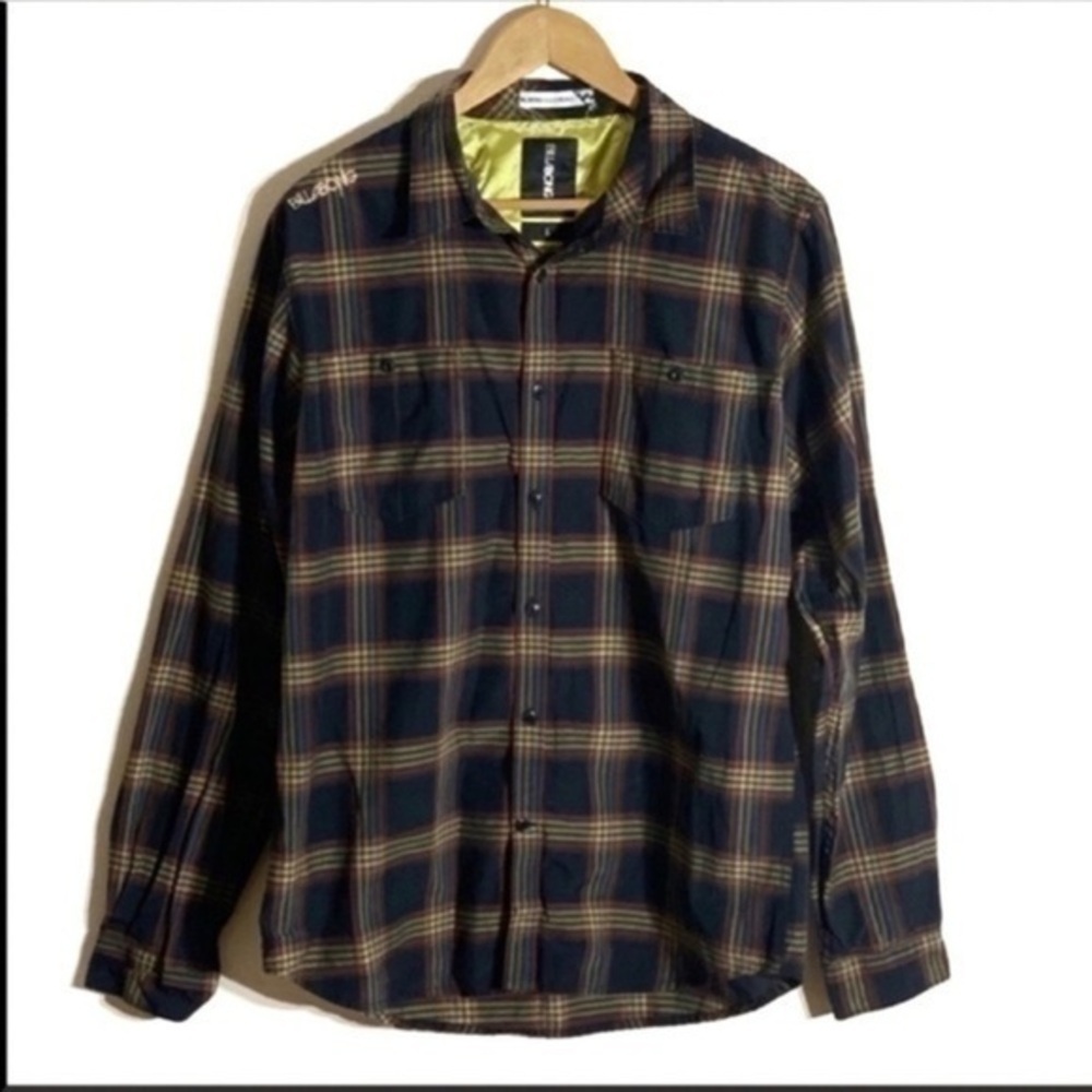 Billabong Coastline Flannel Button Down Shirt Blue Yellow Large